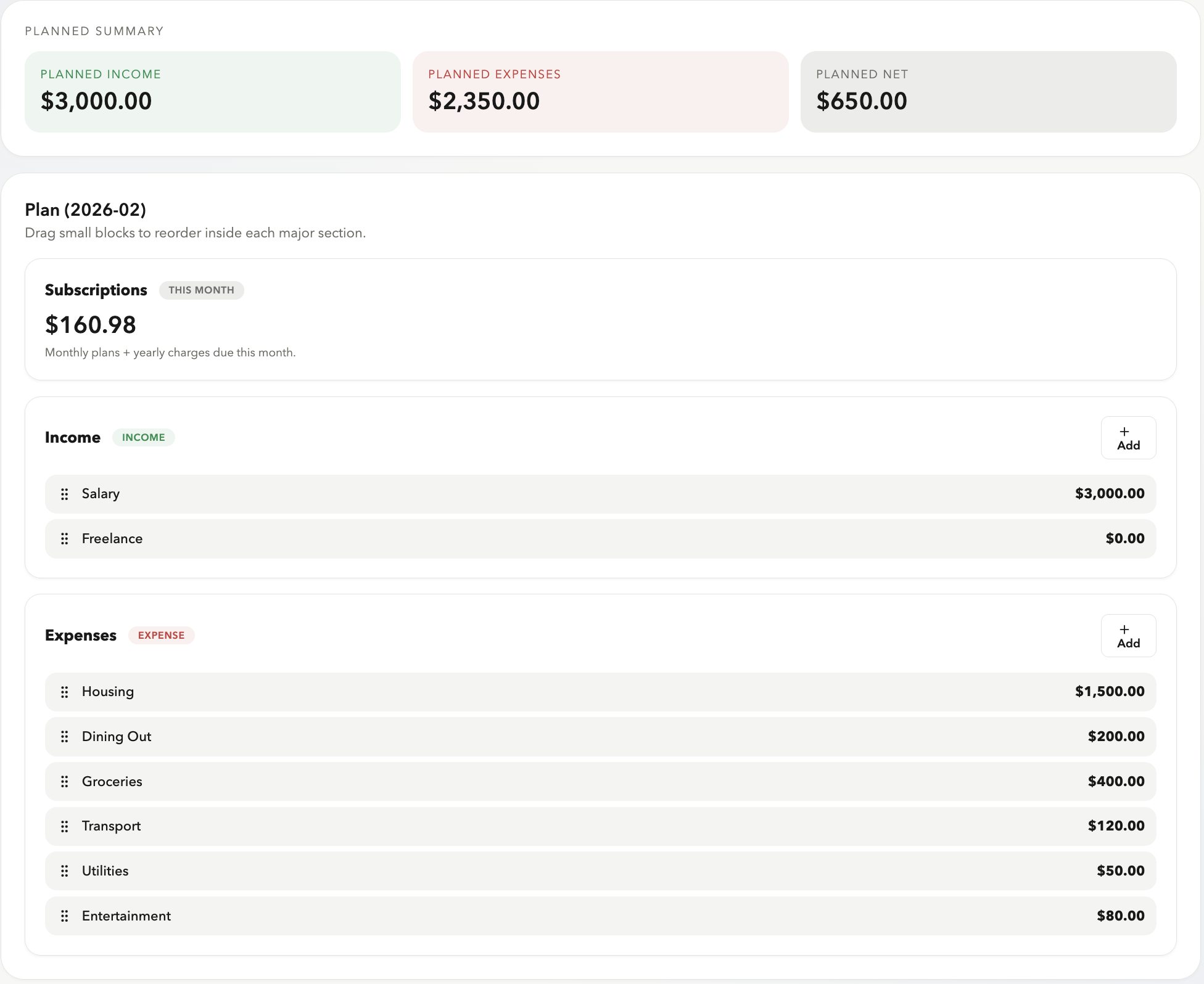 Planning Mode — category budget setup with planned income and expense rows