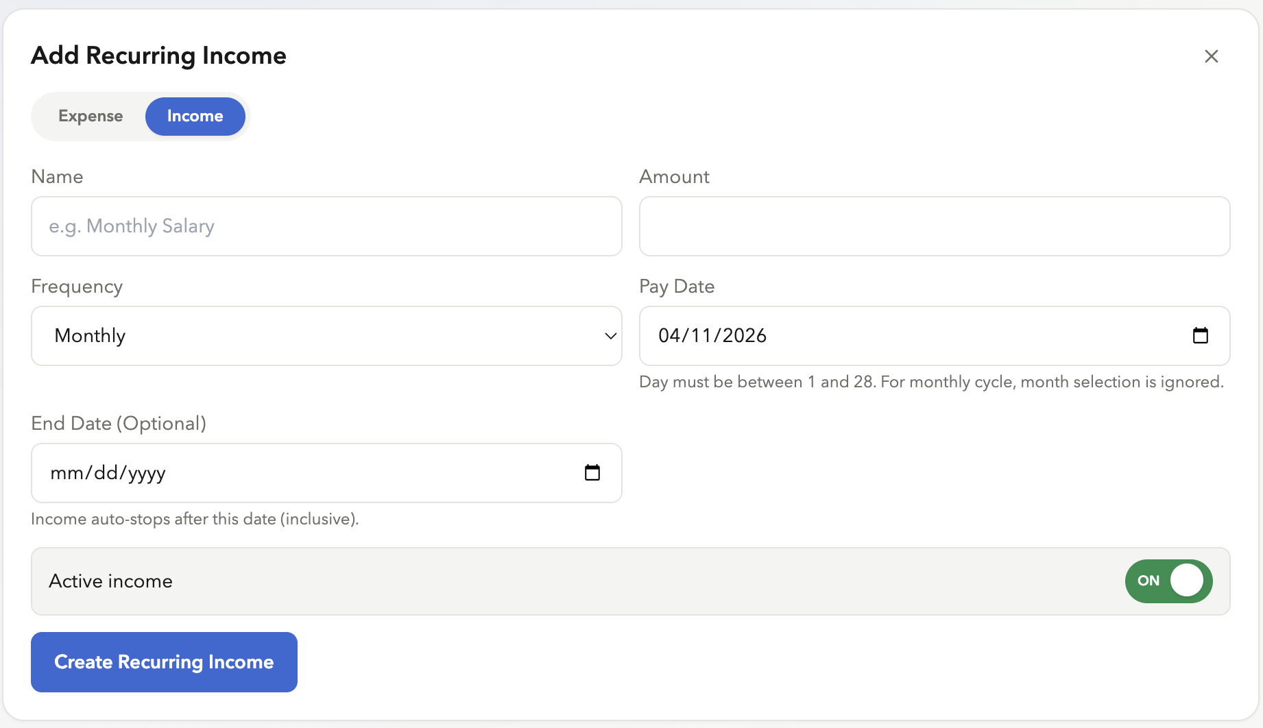 Recurring income rule setup — same form pattern as subscriptions, flowing the other direction