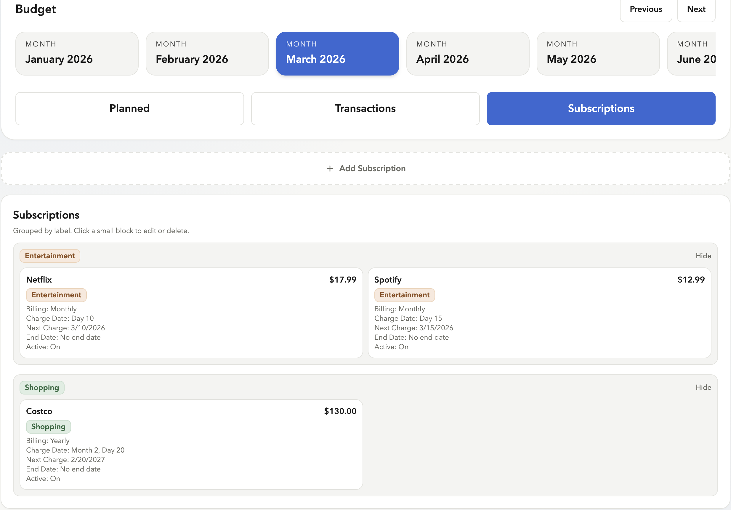 Subscription management — rules list with cadence, amount, next run date